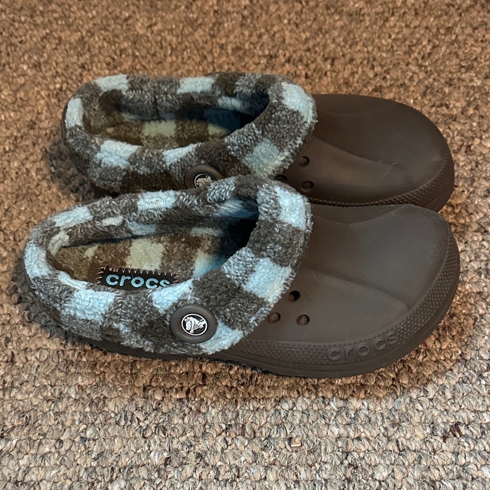 CROCS Kids' Brown and Blue Plaid Lined Slippers - Picture 2 of 5